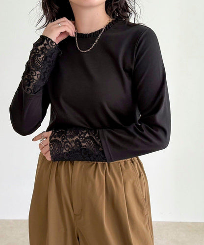蕾絲袖口荷葉邊長袖T恤