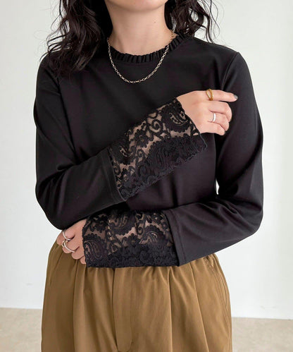 蕾絲袖口荷葉邊長袖T恤