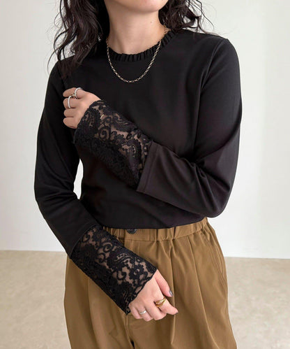 蕾絲袖口荷葉邊長袖T恤
