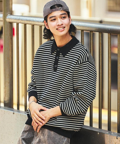 衛衣風格條紋翻領針織衫