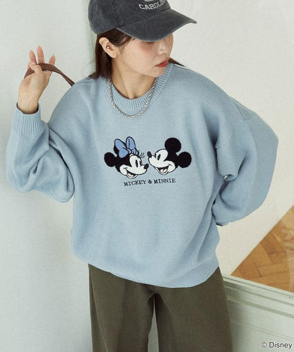 Mickey Mouse＆Minnie Mouse/米老鼠＆米妮/相良刺繡寬鬆針織衫