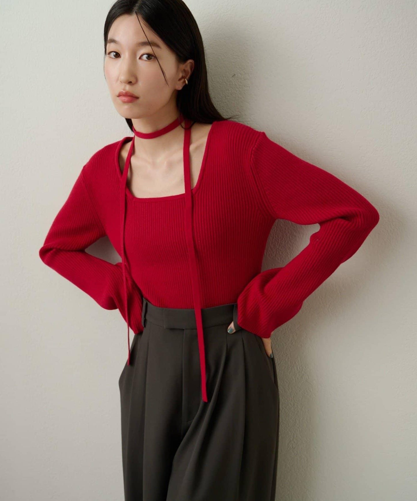 附項圈羅紋方領針織衫