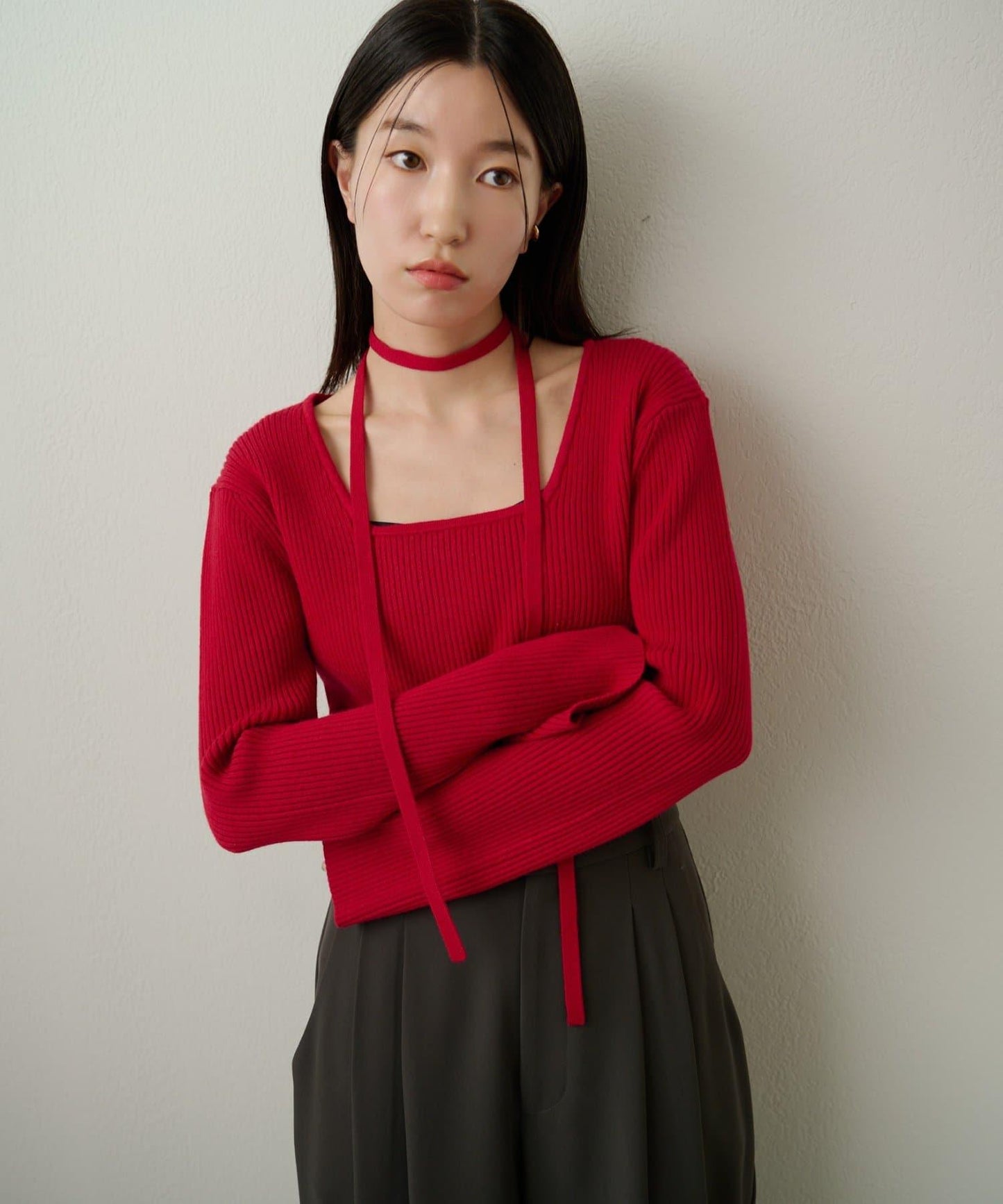 附項圈羅紋方領針織衫