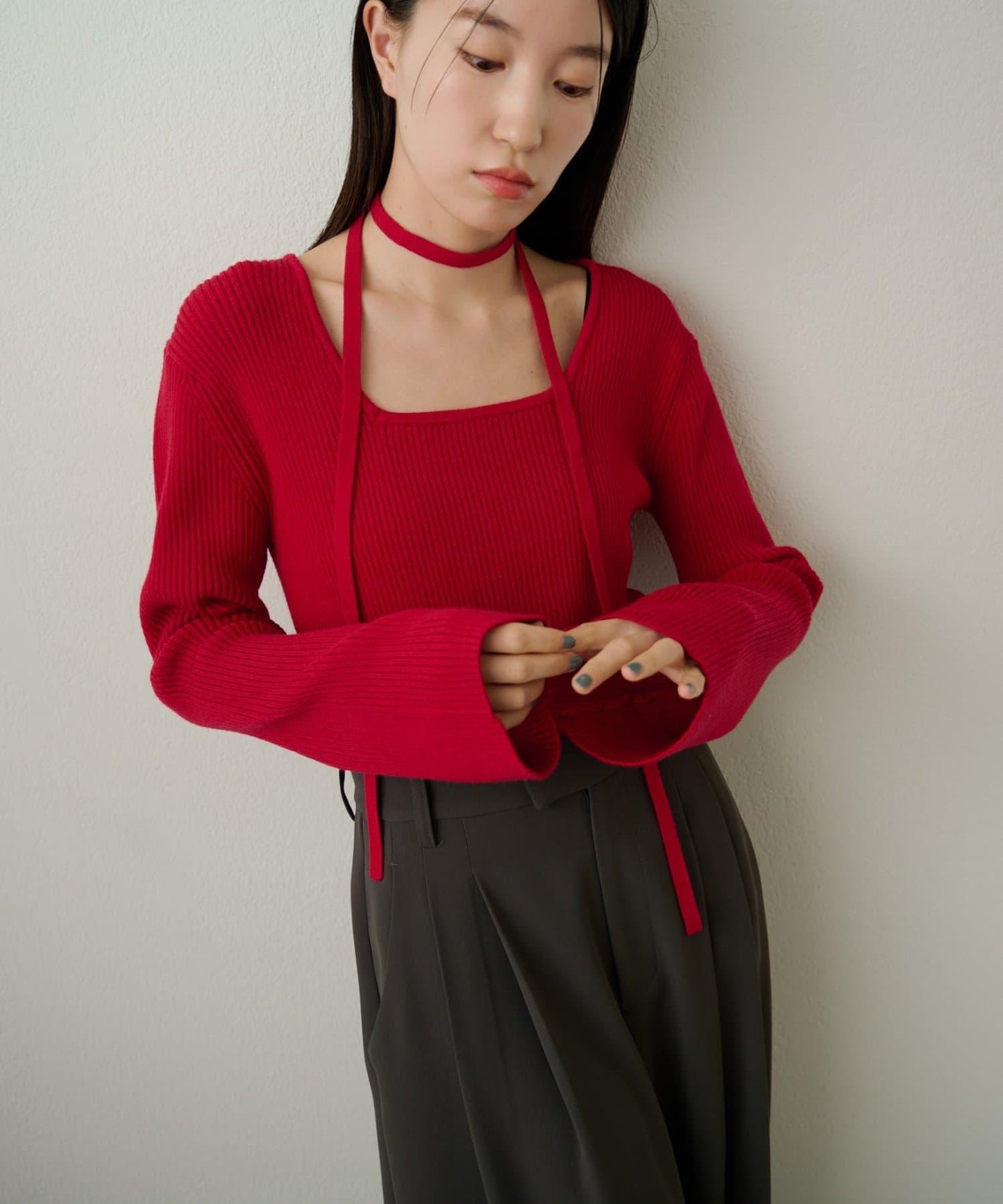 附項圈羅紋方領針織衫