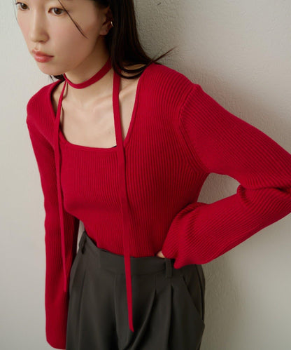 附項圈羅紋方領針織衫