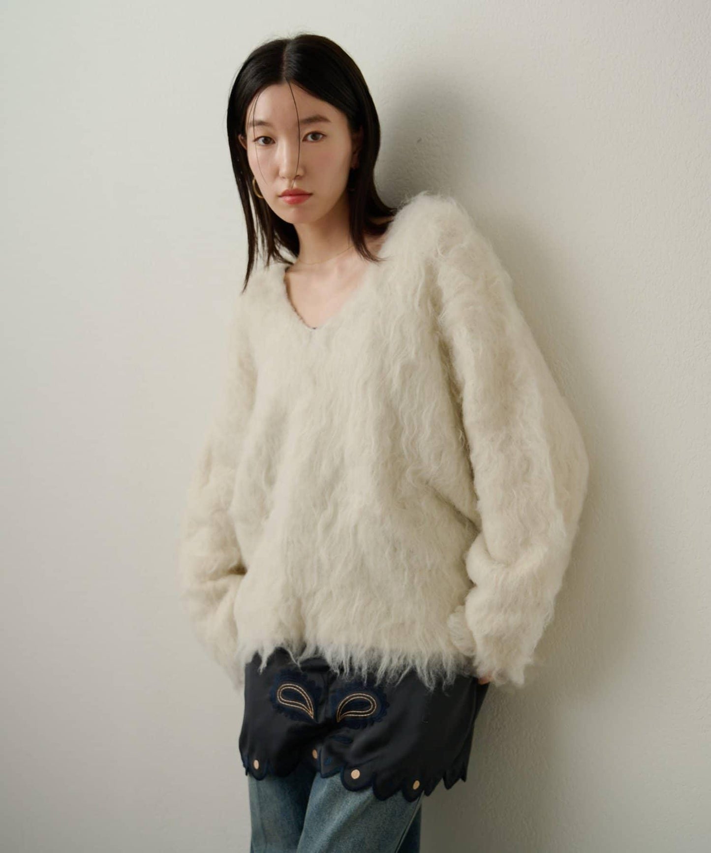 磨毛V領針織套頭衫