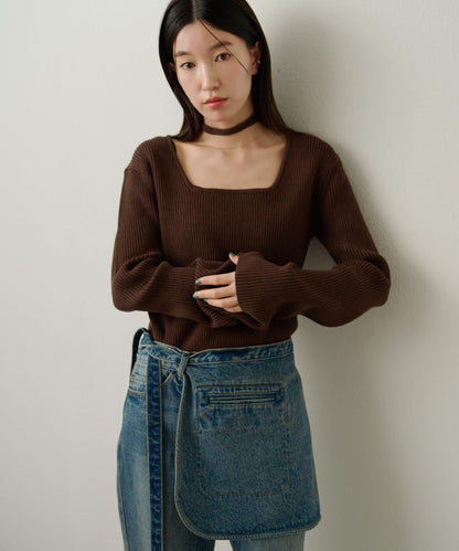 附項圈羅紋方領針織衫