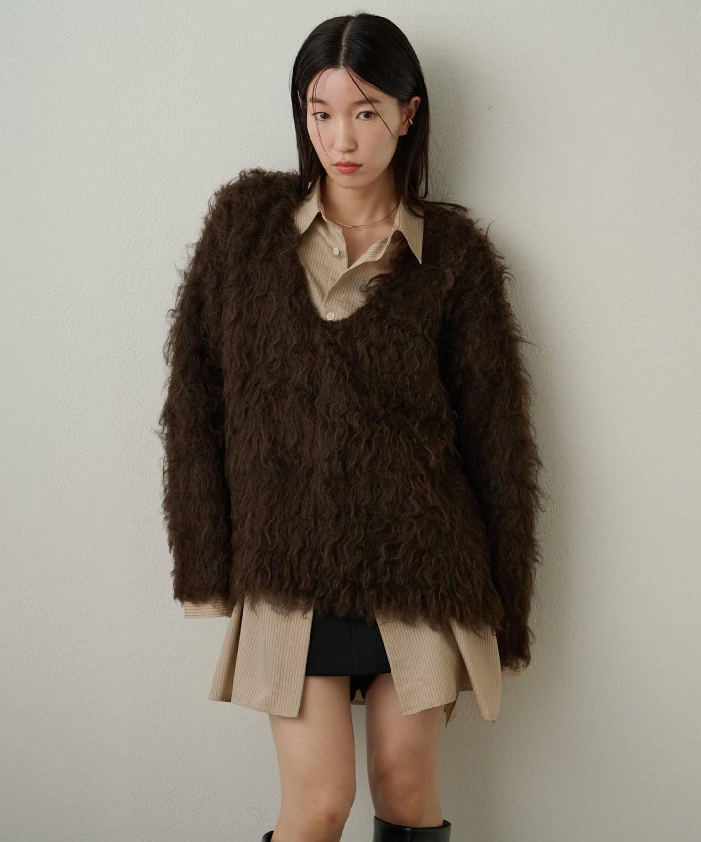 磨毛V領針織套頭衫