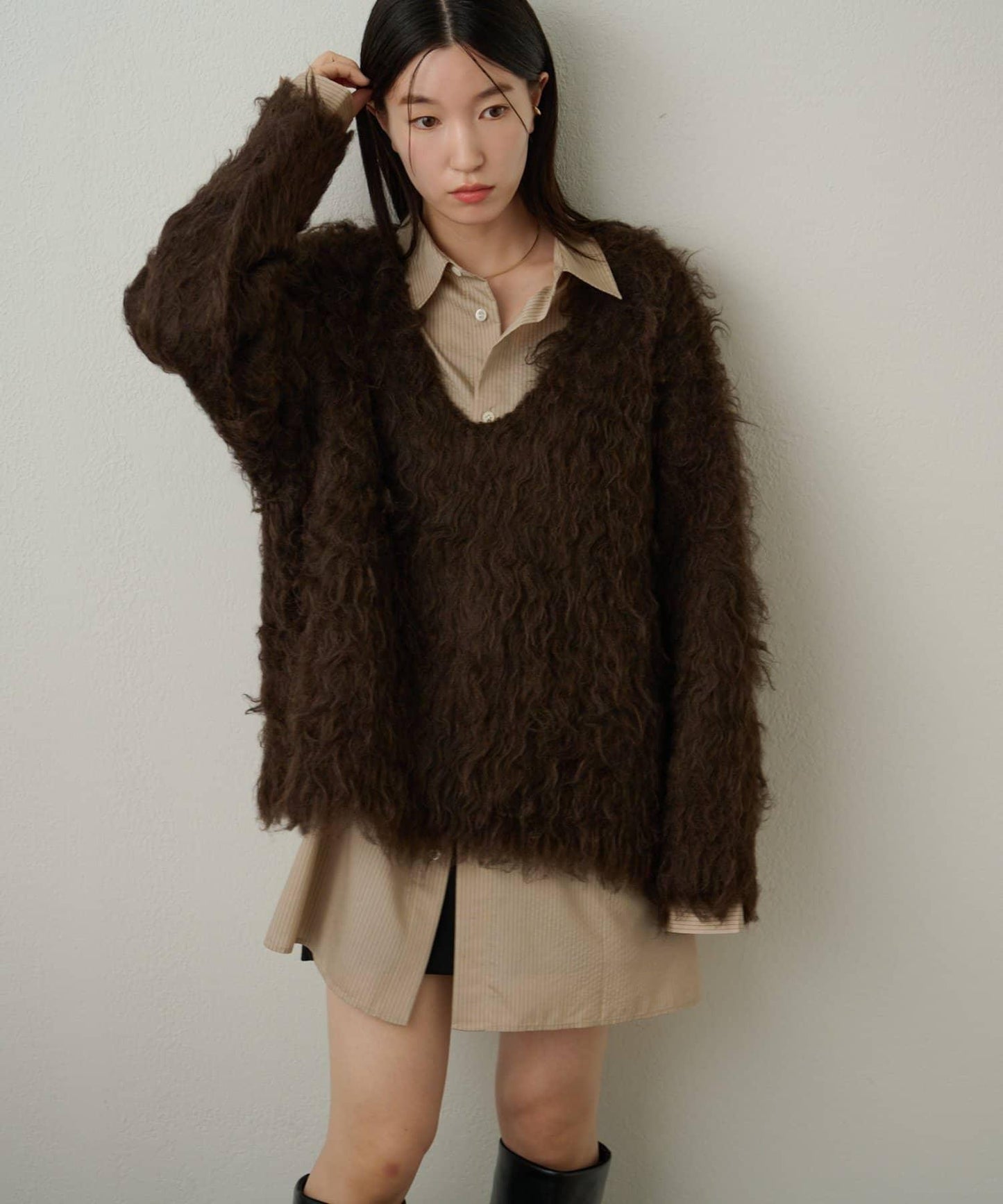 磨毛V領針織套頭衫