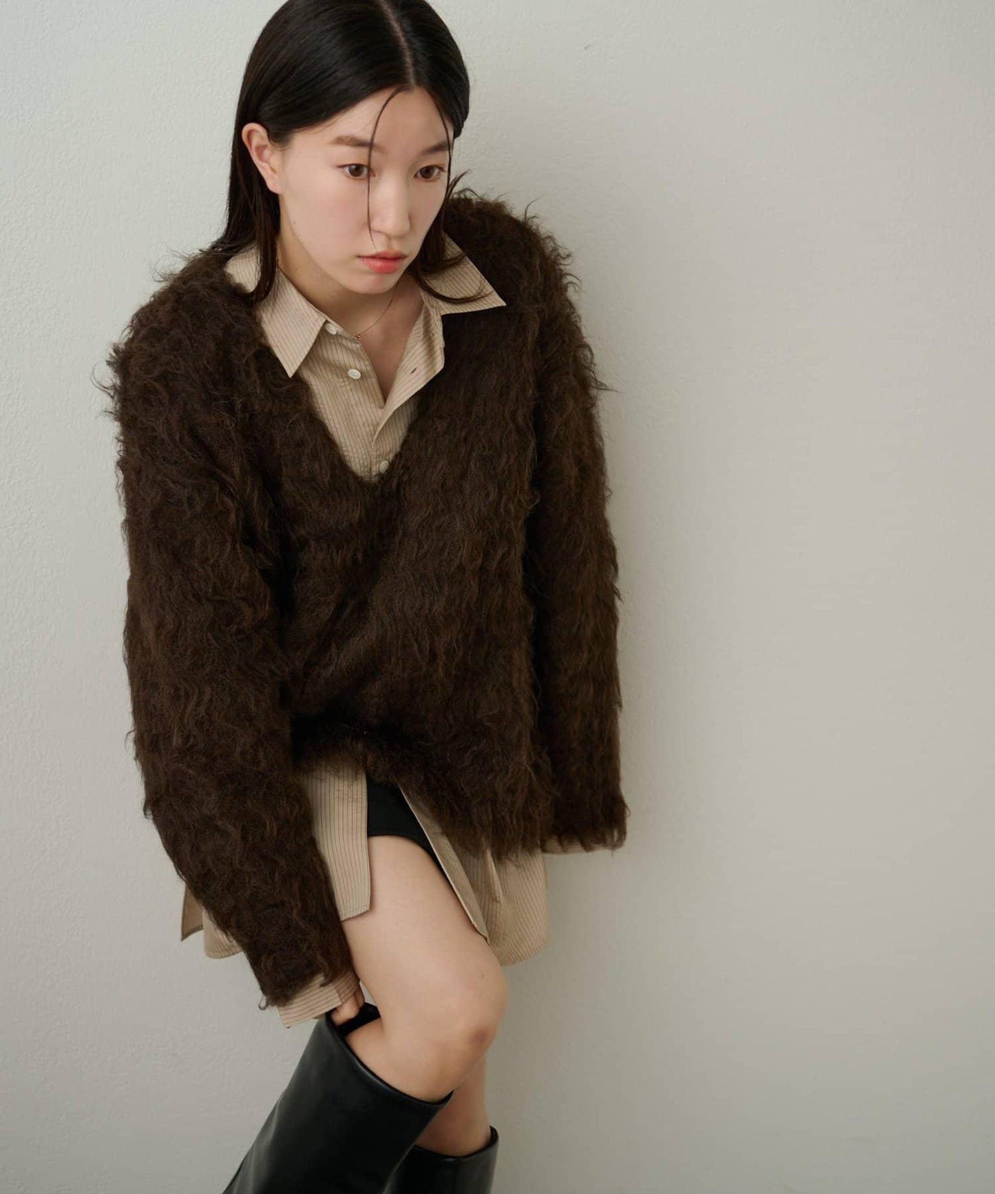 磨毛V領針織套頭衫