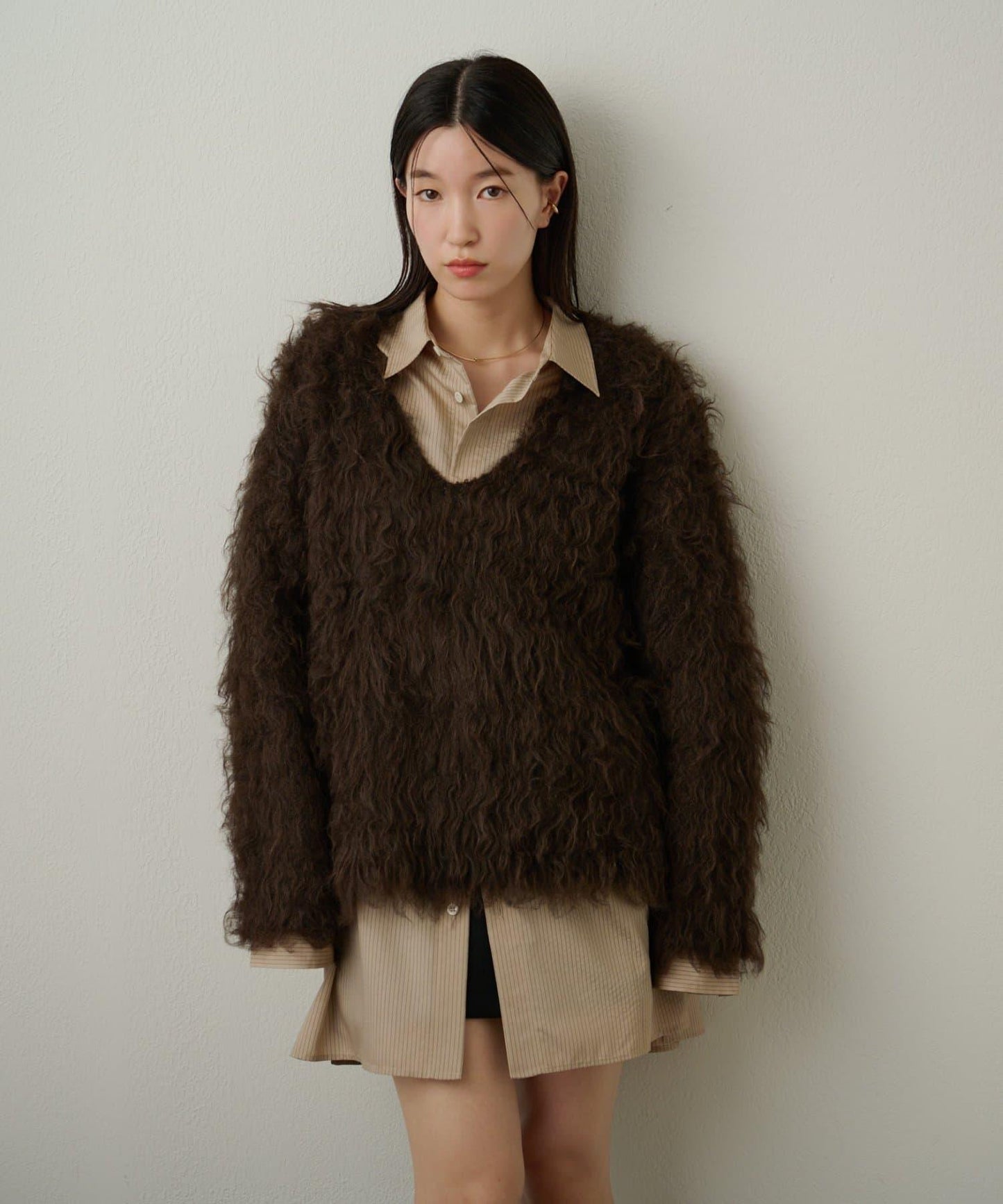 磨毛V領針織套頭衫