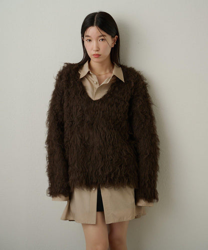 磨毛V領針織套頭衫