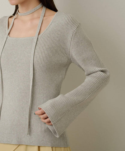 附項圈羅紋方領針織衫