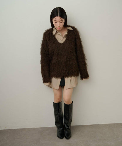 磨毛V領針織套頭衫