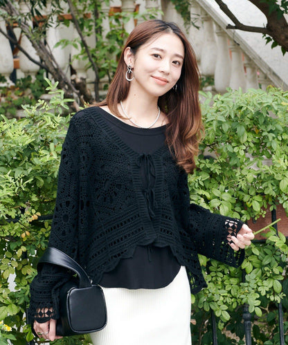 大人女性感透視感開衫 鏤空鉤針長袖開衫