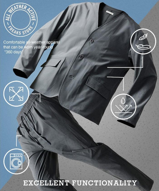 ALL WEATHER ACTIVE WEAR 全氣候活力服裝 舒適版型無領夾克套裝/寬鬆長褲