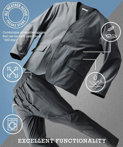 ALL WEATHER ACTIVE WEAR 全氣候活力服裝 舒適版型無領夾克套裝/寬鬆長褲