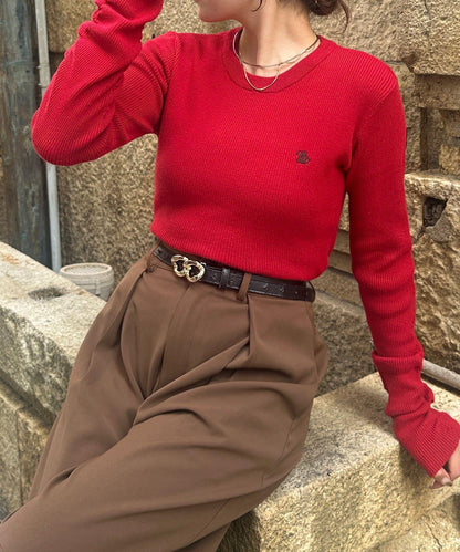 袖部抽褶logo刺繡羅紋針織衫