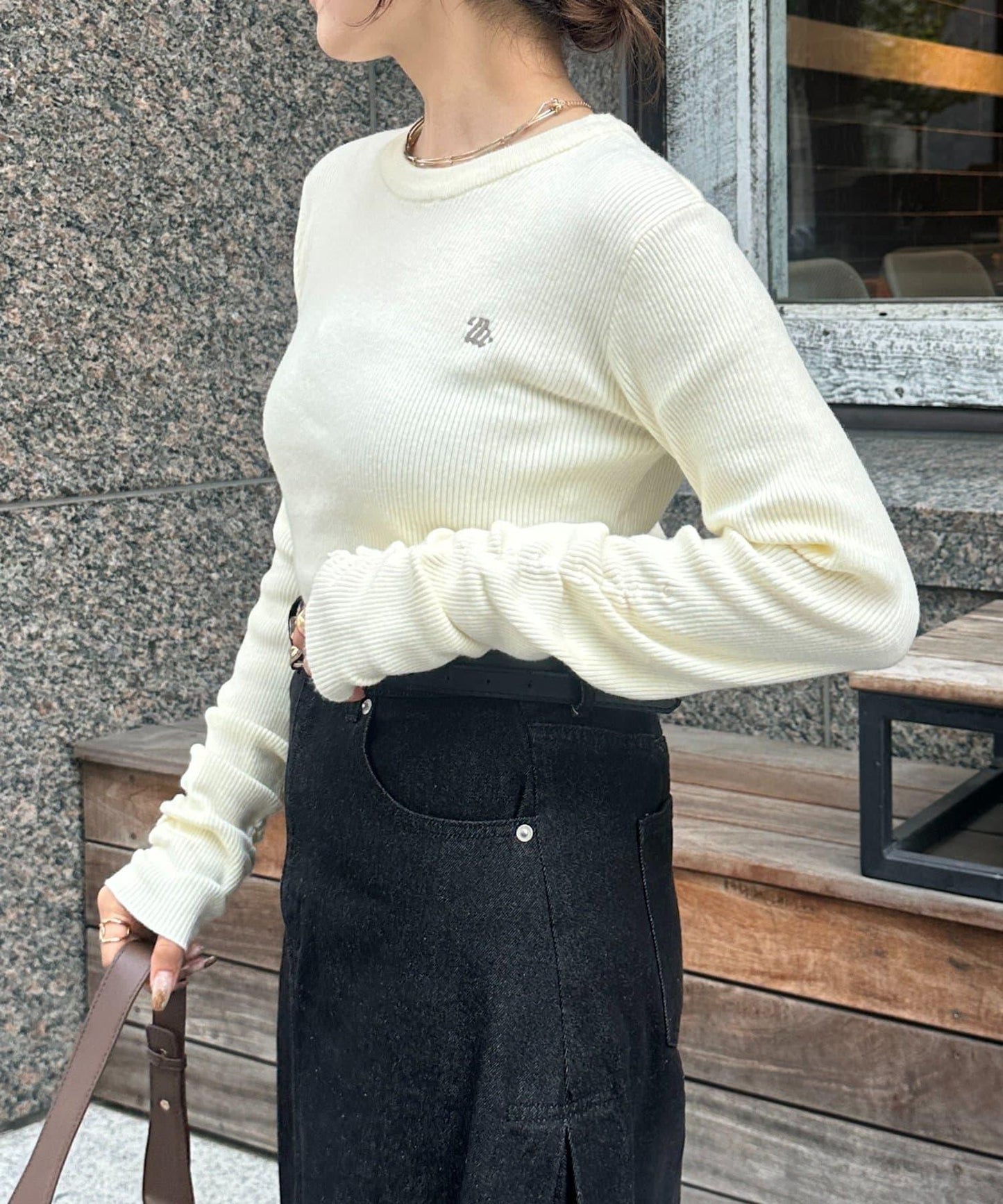 袖部抽褶logo刺繡羅紋針織衫