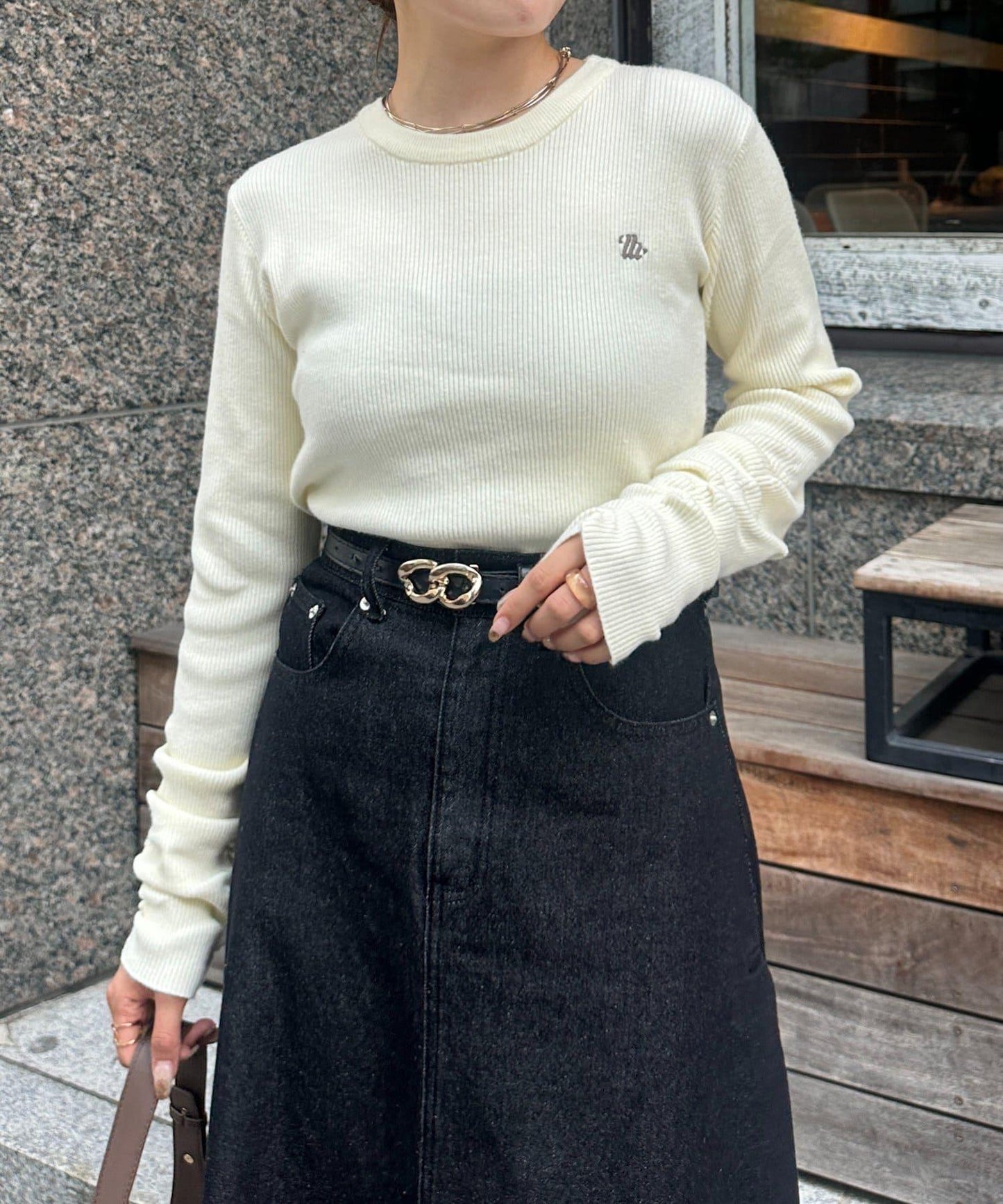 袖部抽褶logo刺繡羅紋針織衫