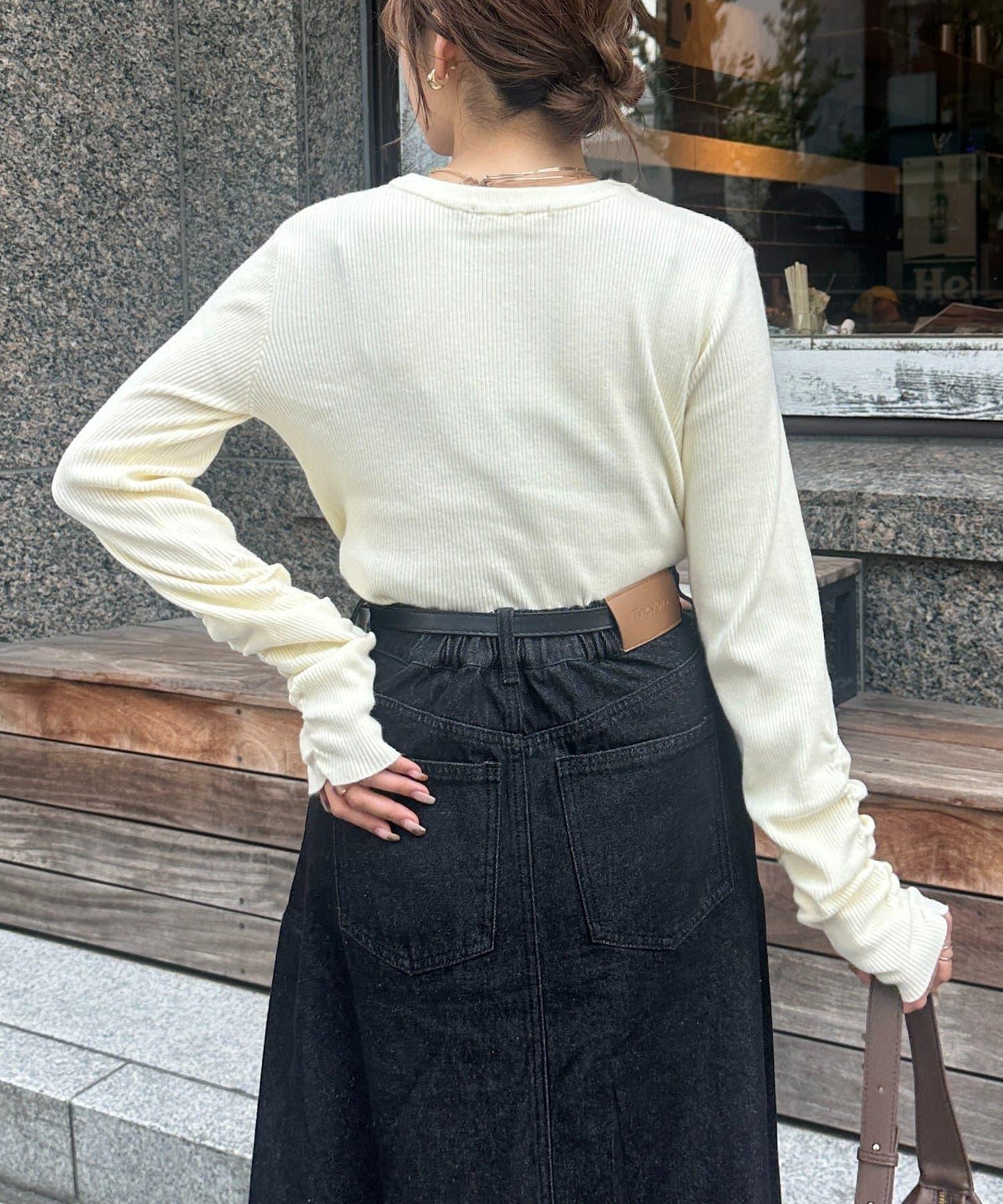 袖部抽褶logo刺繡羅紋針織衫