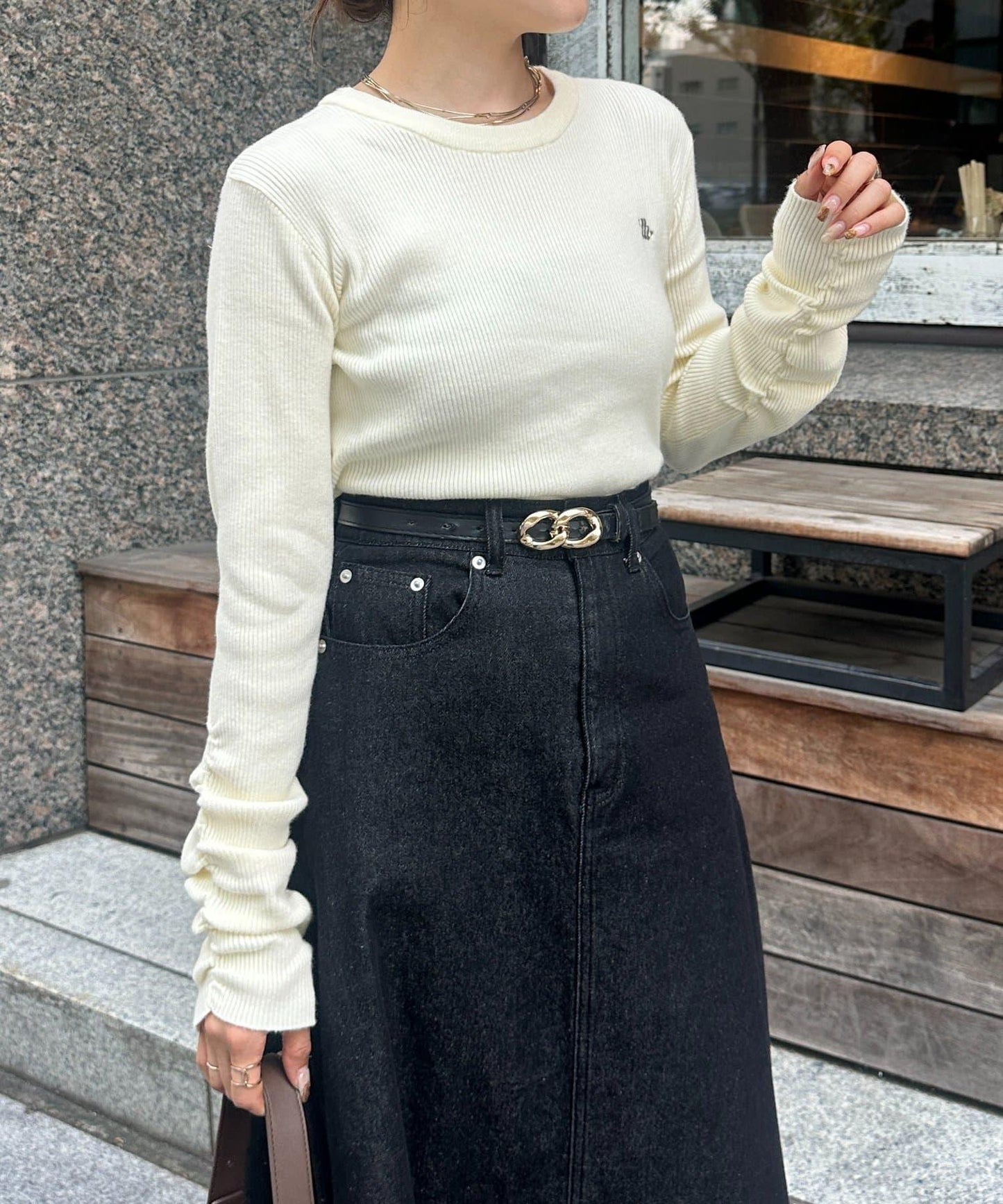 袖部抽褶logo刺繡羅紋針織衫