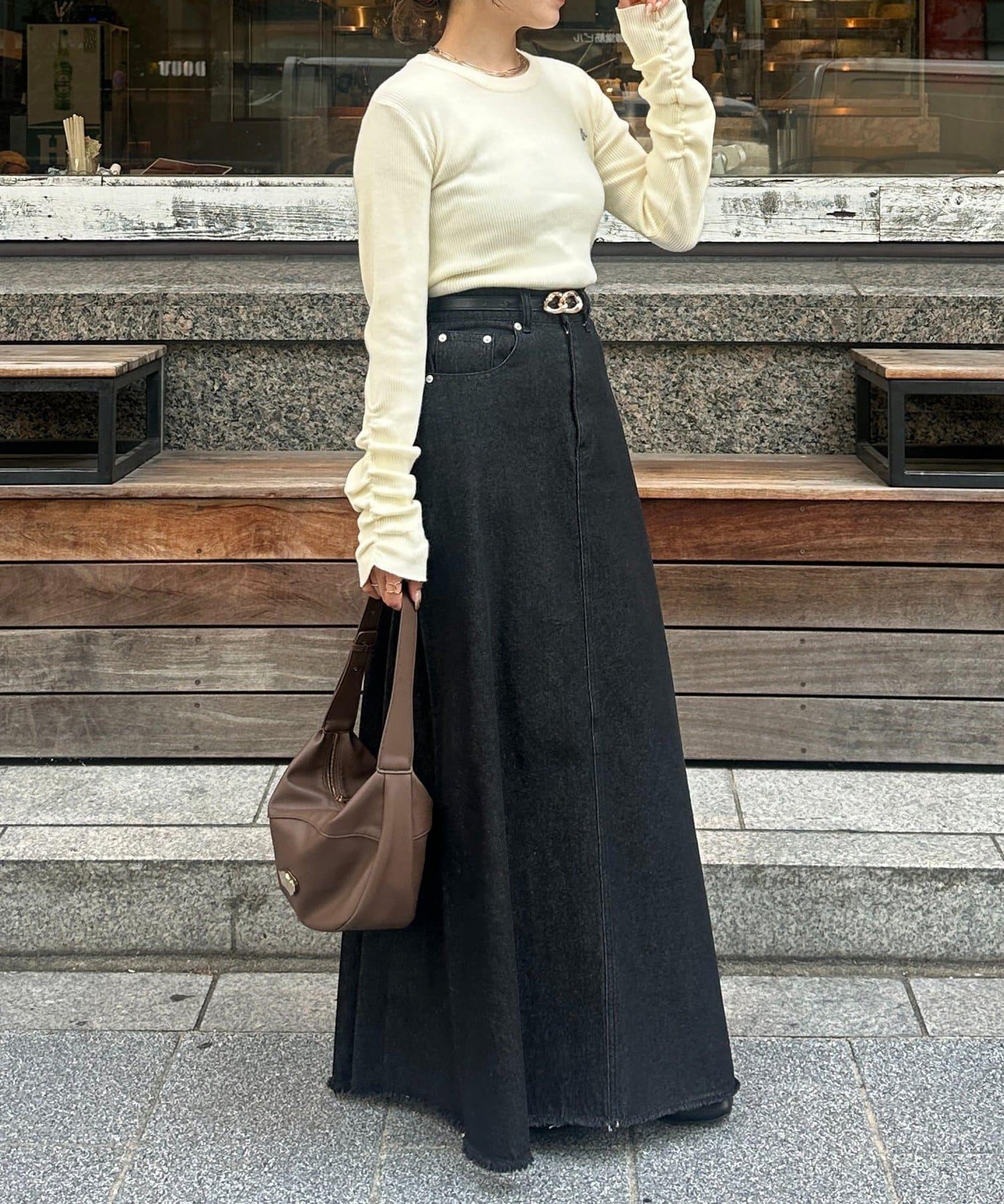 袖部抽褶logo刺繡羅紋針織衫