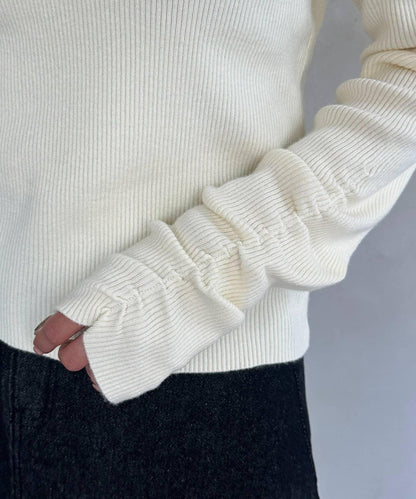 袖部抽褶logo刺繡羅紋針織衫