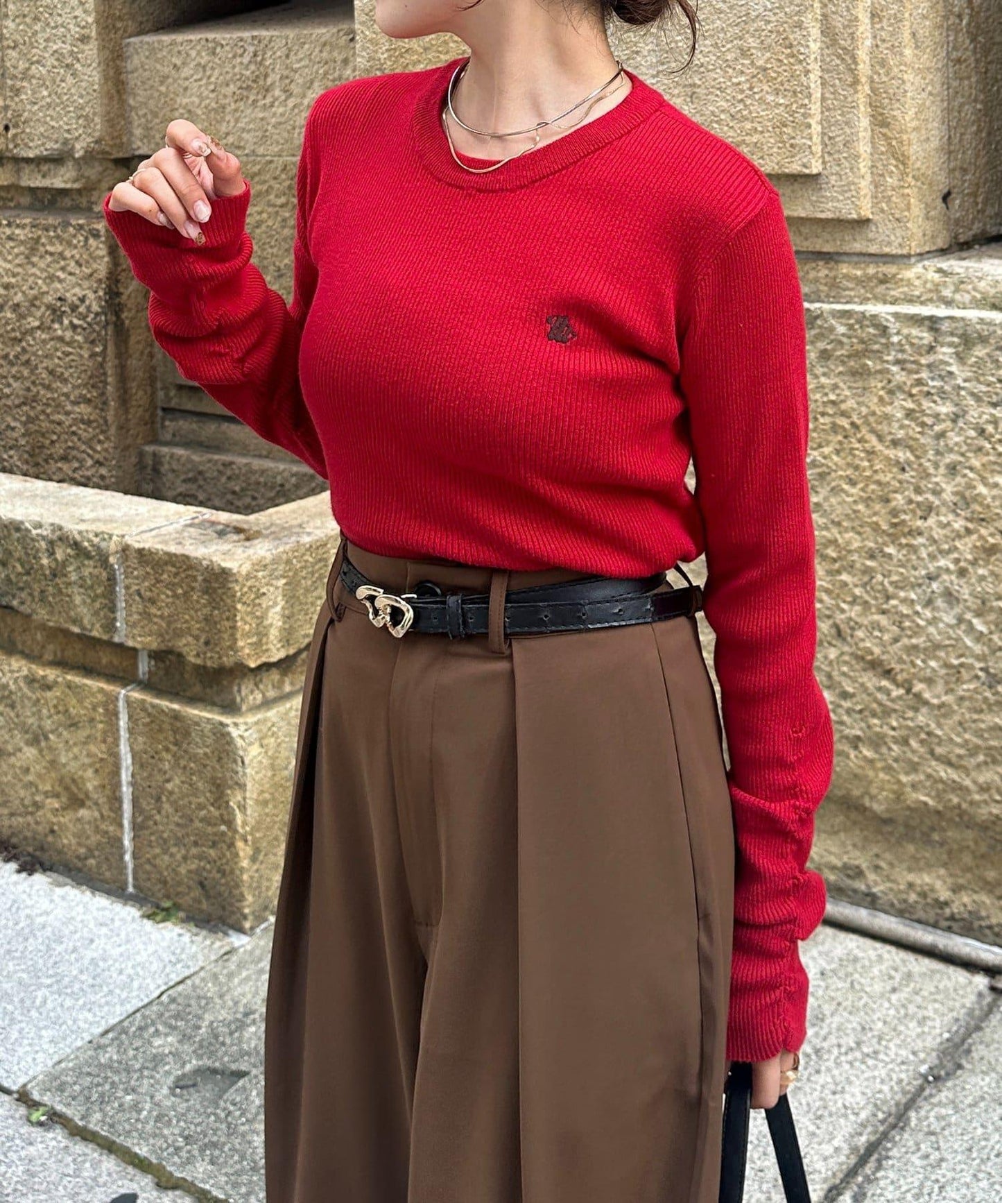 袖部抽褶logo刺繡羅紋針織衫