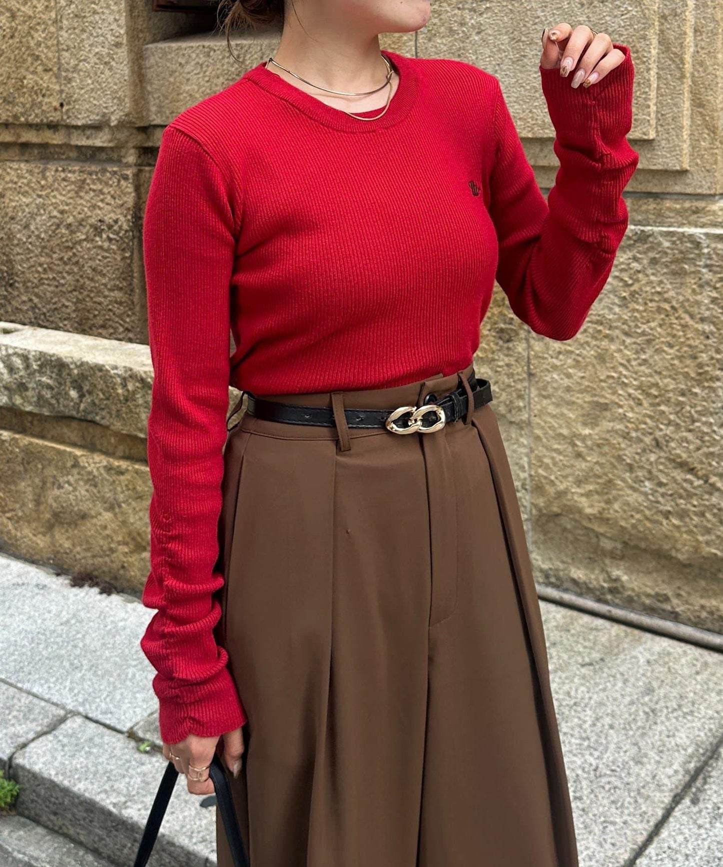 袖部抽褶logo刺繡羅紋針織衫