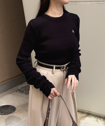 袖部抽褶logo刺繡羅紋針織衫