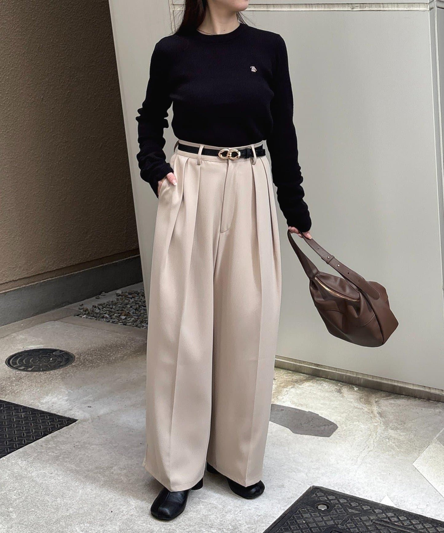 袖部抽褶logo刺繡羅紋針織衫