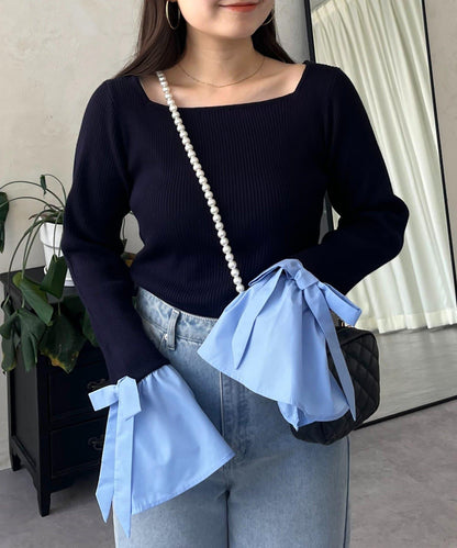 蝴蝶結喇叭袖針織衫