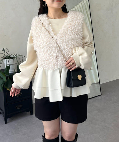 皮革荷葉邊毛絨馬甲