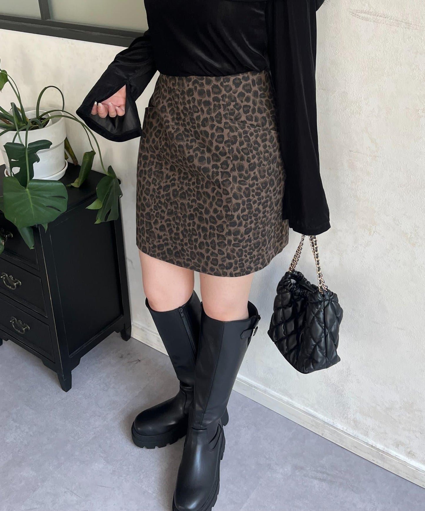 豹紋斜紋臺形迷你裙