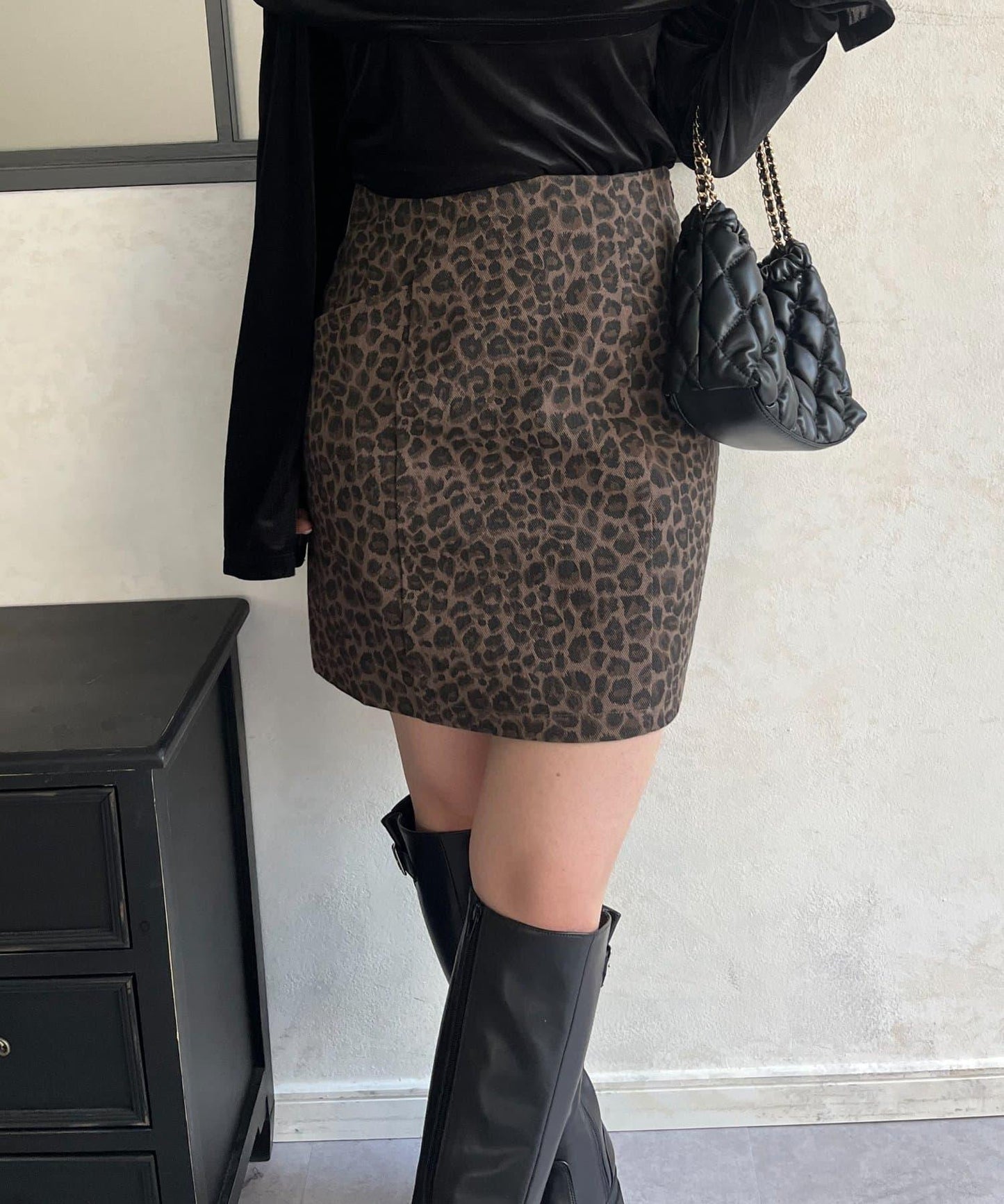 豹紋斜紋臺形迷你裙