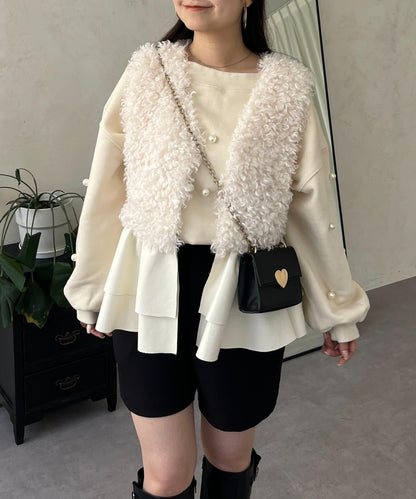 皮革荷葉邊毛絨馬甲