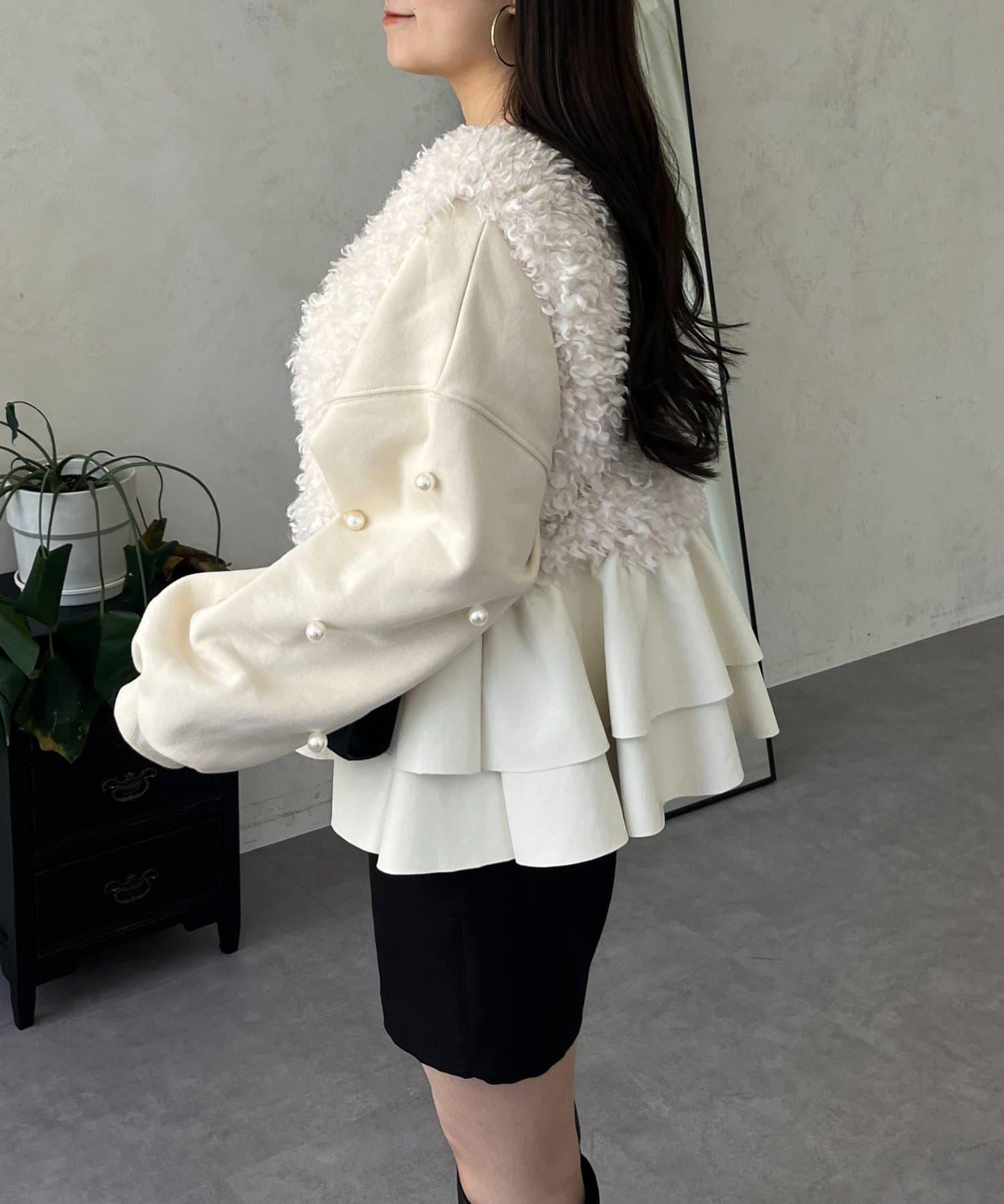 皮革荷葉邊毛絨馬甲