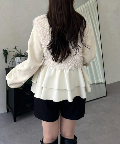 皮革荷葉邊毛絨馬甲