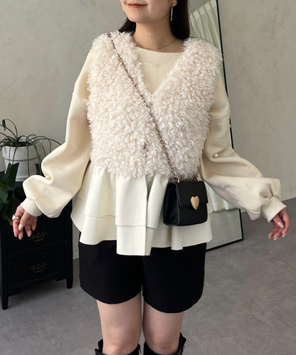 皮革荷葉邊毛絨馬甲