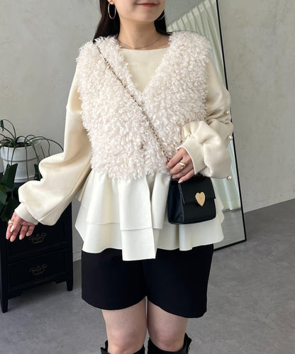 皮革荷葉邊毛絨馬甲