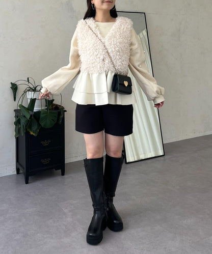 皮革荷葉邊毛絨馬甲