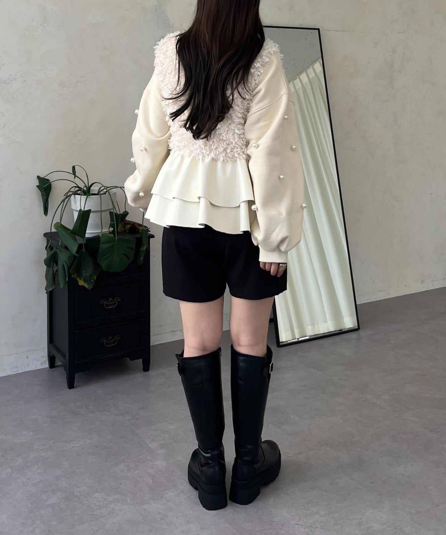 皮革荷葉邊毛絨馬甲