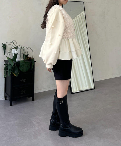 皮革荷葉邊毛絨馬甲