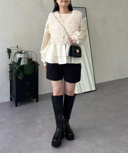 皮革荷葉邊毛絨馬甲