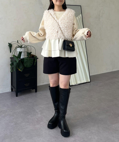 皮革荷葉邊毛絨馬甲