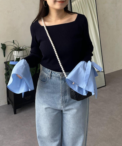 蝴蝶結喇叭袖針織衫