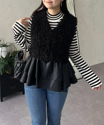 皮革荷葉邊毛絨馬甲