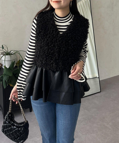 皮革荷葉邊毛絨馬甲