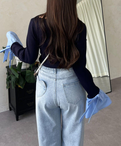 蝴蝶結喇叭袖針織衫